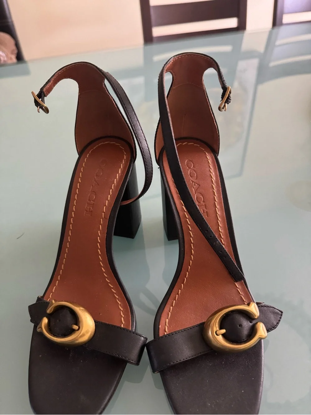 Coach Black Leather Block Heel Sandals with Gold Buckle - Picture 2 of 5